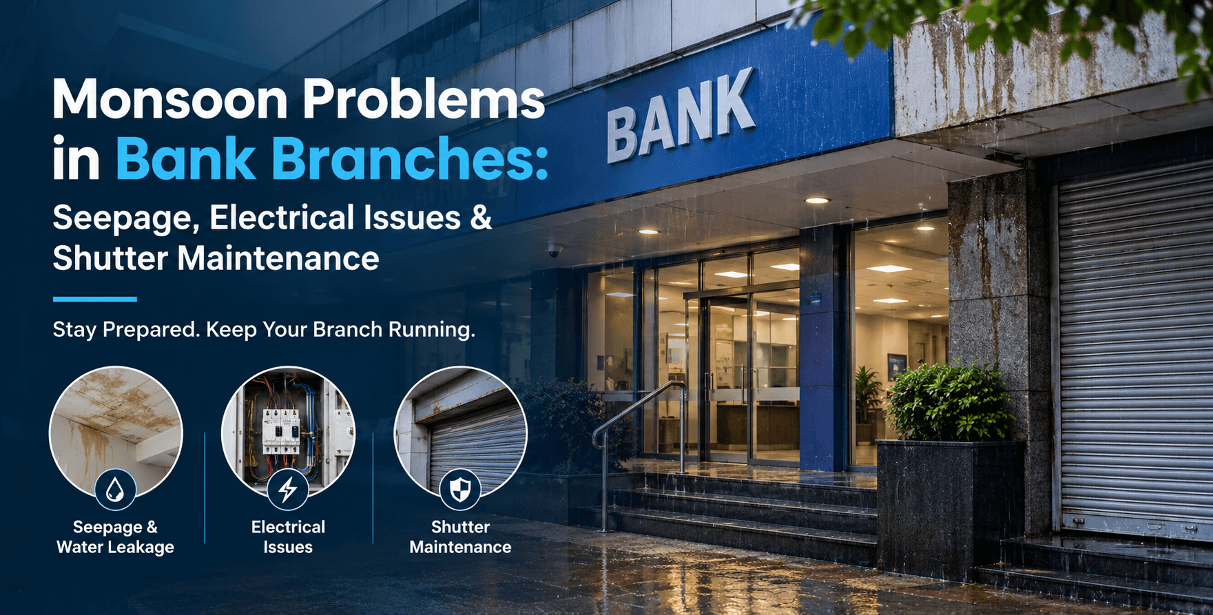 Monsoon Problems in Bank Branches: Seepage, Electrical Issues & Shutter Maintenance